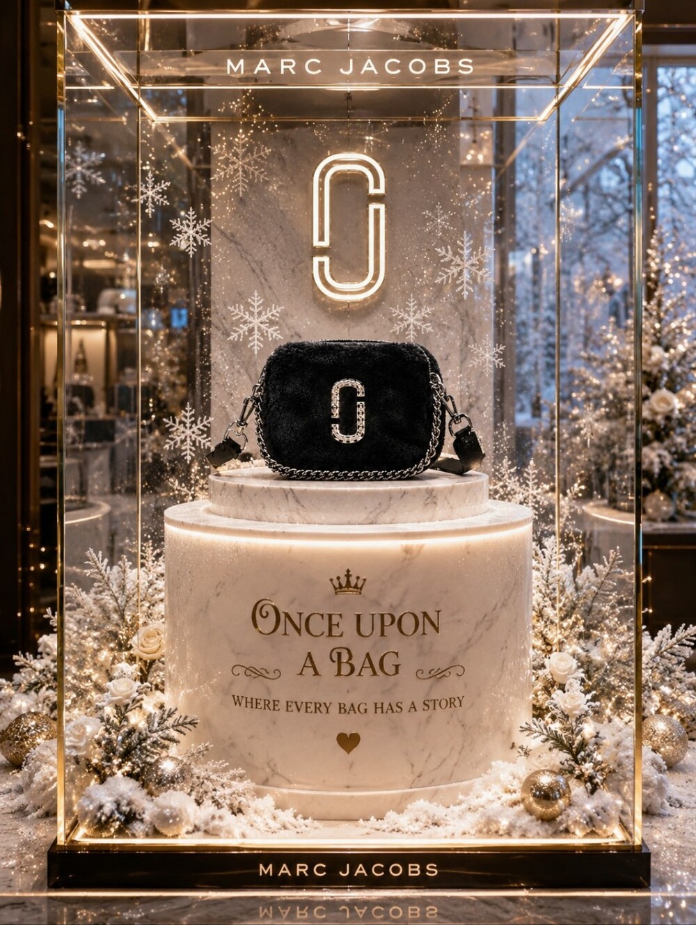 Marc Jacobs Black Faux Fur Snapshot Bag with Silver Chain